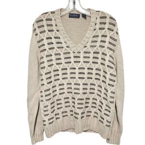 Damon Mens Large Wool Silk Blend Sweater VTG 3D Knit Fisherman Neutral Preppy